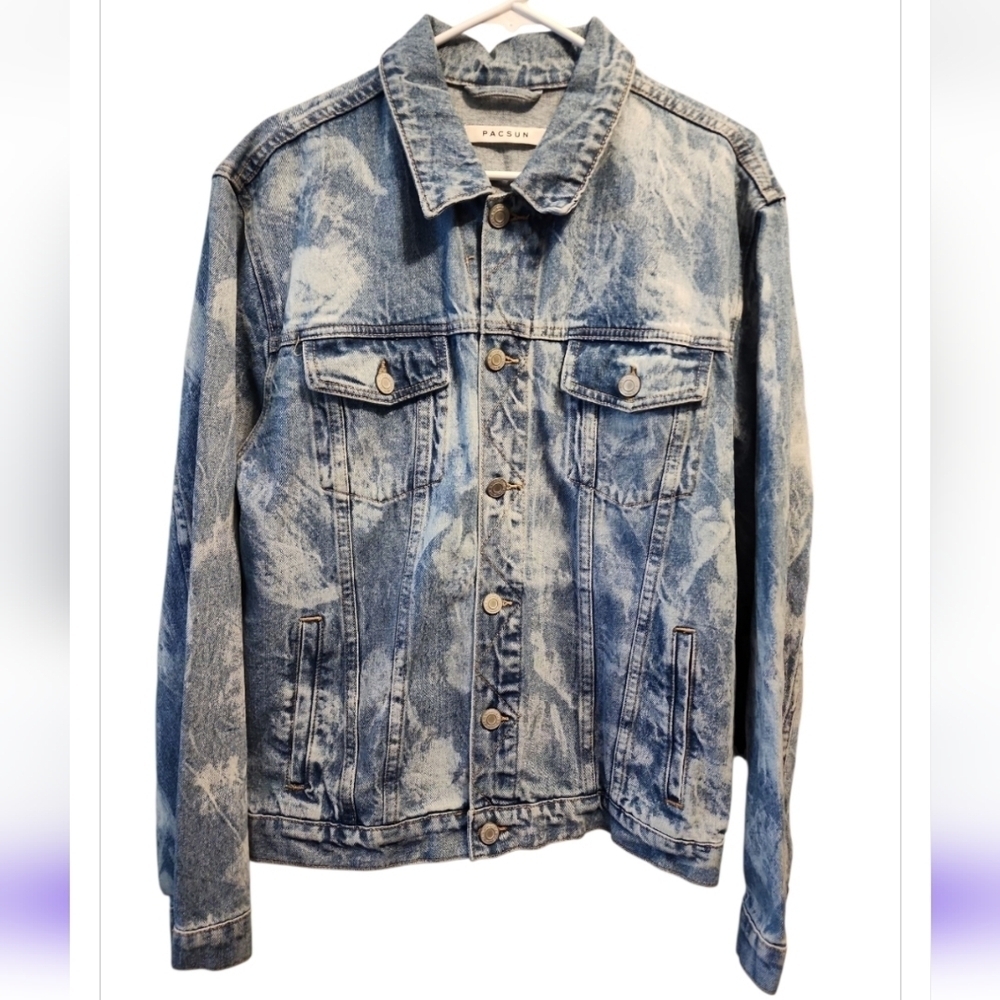 Pacsun Denim Trucker Jacket Mens Large Blue Jean Acid Wash Button Front Pockets